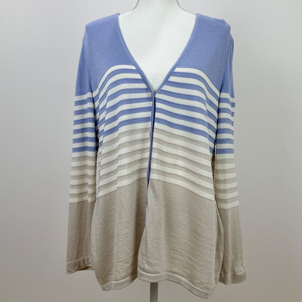 ST. JOHN Cardigan Sweater Long Sleeve V Neck Striped Wool Blend Knit Nautical L